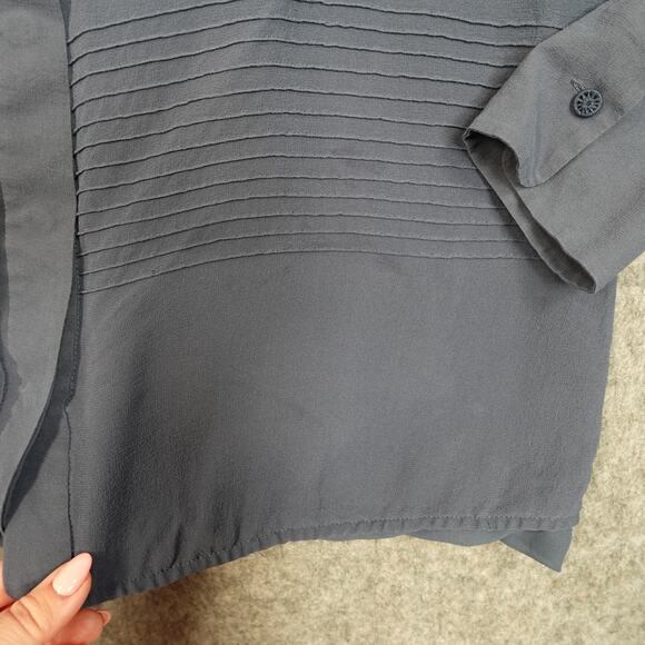 Tory Burch Top Womens 12 Silk Button Front Pintuck Chiffon Harbor Blue Long Slv - Picture 4 of 12